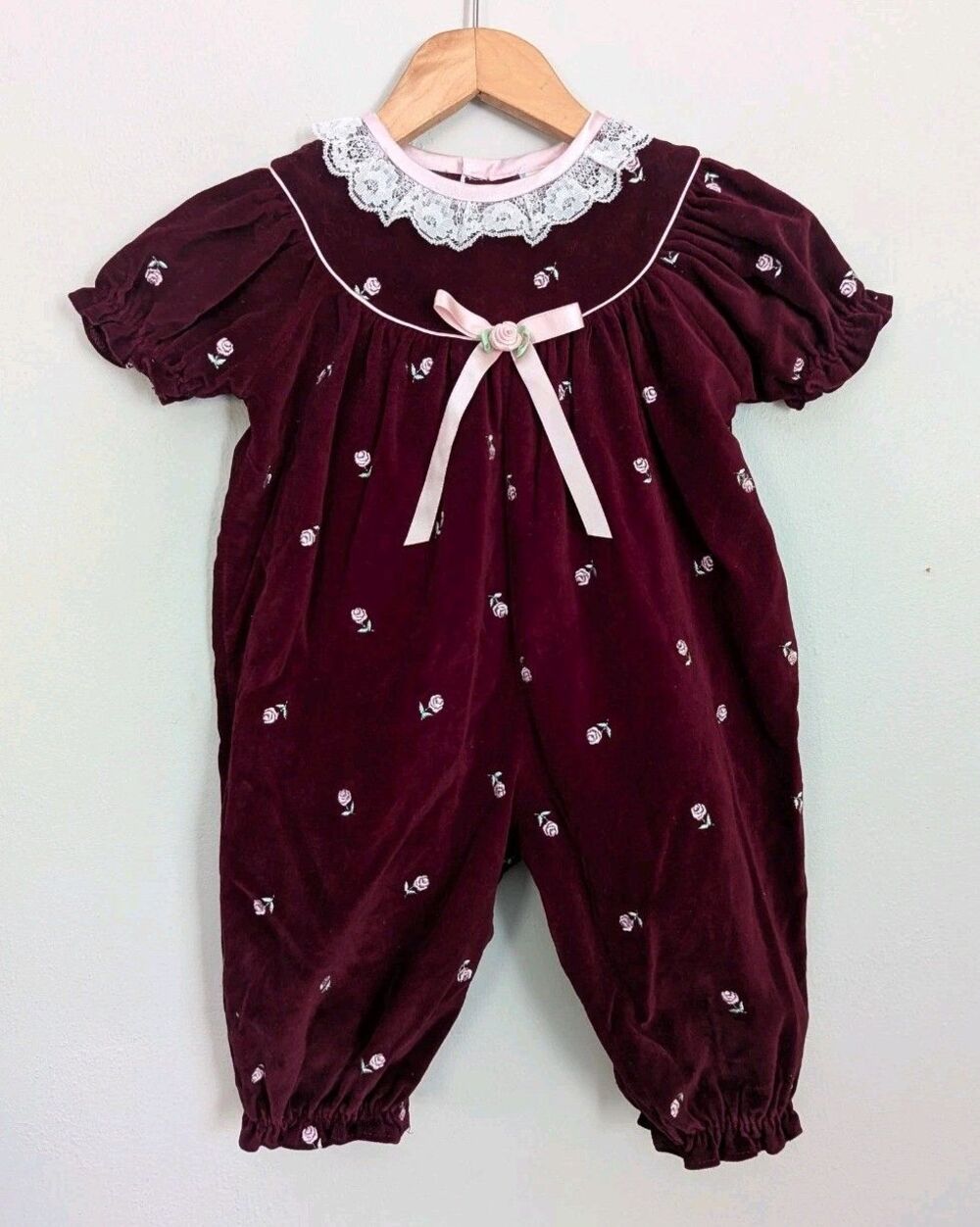 Vtg Baby Bubble Romper Floral Velvet Lace Collar 6-9 Mo Burgundy Wine Pink Bow